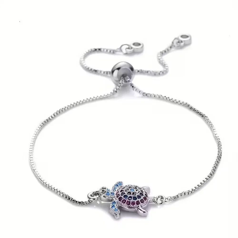 Silver Toned Chic Sea Turtle Beach Bracelet with Colorful Cubic Zirconia